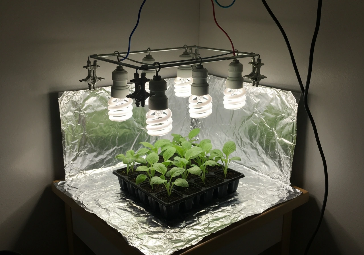 DIY CFL grow light fixture with spiral bulbs shining on small indoor seedlings over a reflective surface