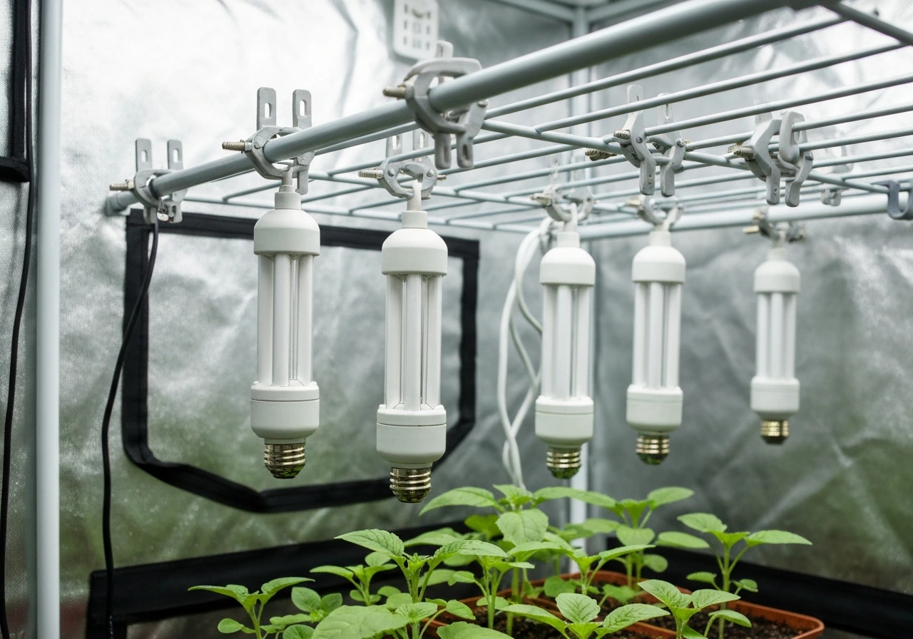CFL clamp sockets zip-tied to a wire rack inside a grow setup with bulbs pointed downward at seedlings.