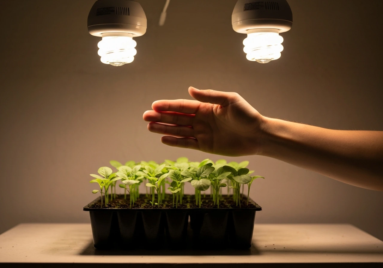 Anonymous hand hovering above indoor seedlings under CFL grow lights to check heat distance.