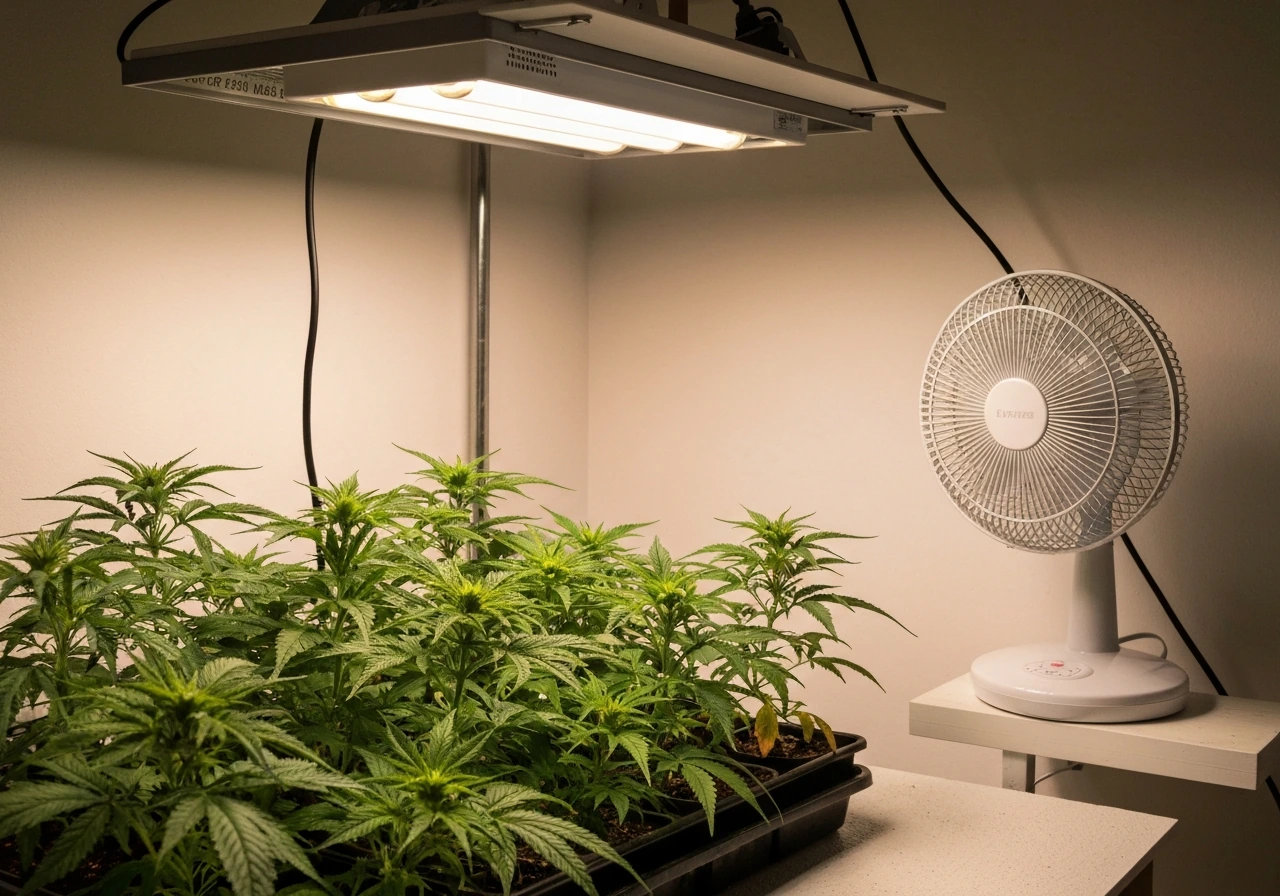 Small clip fan blowing across cannabis plants under a CFL grow light in a tidy indoor grow space.