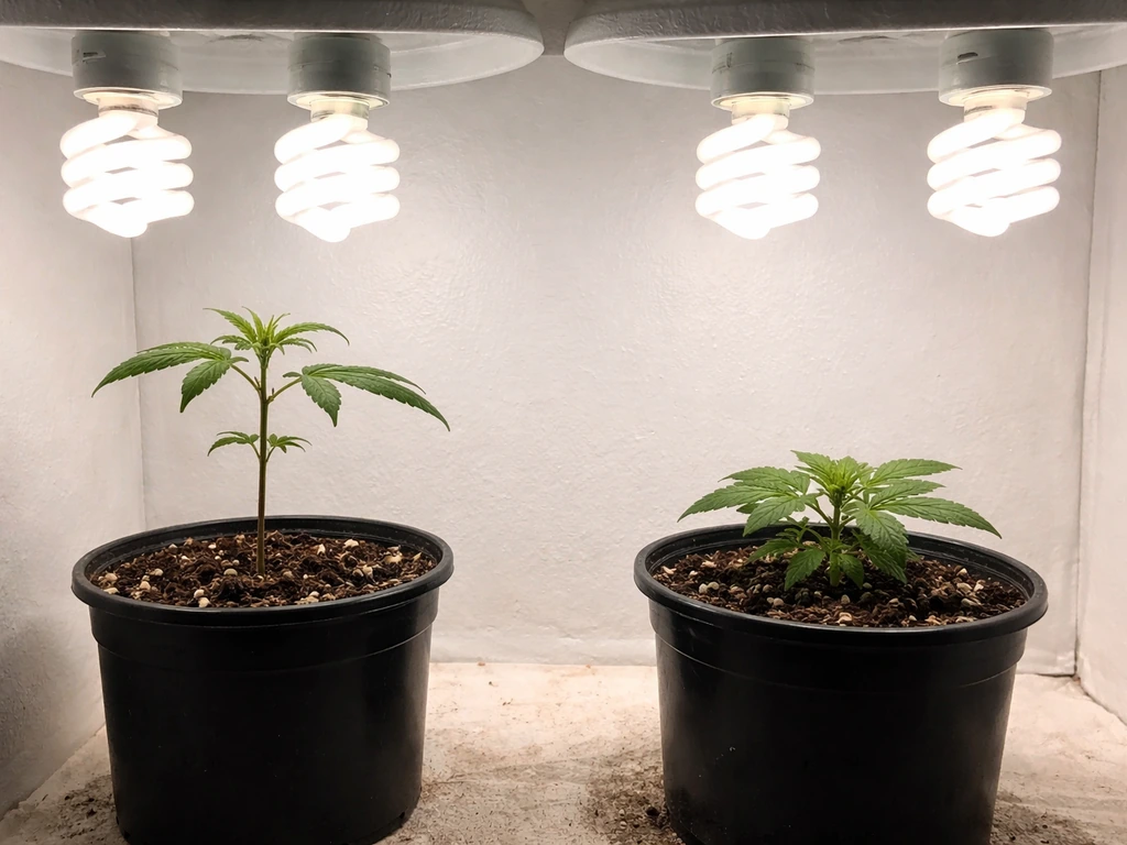 Two small plantlets under CFL grow lights, one taller and leggy, the other compact and healthy, minimal setup.