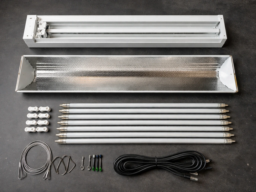 Minimal layout of a T5HO grow light kit components—fixture, reflector, tubes, endcaps/ballast area, cords and mounts.