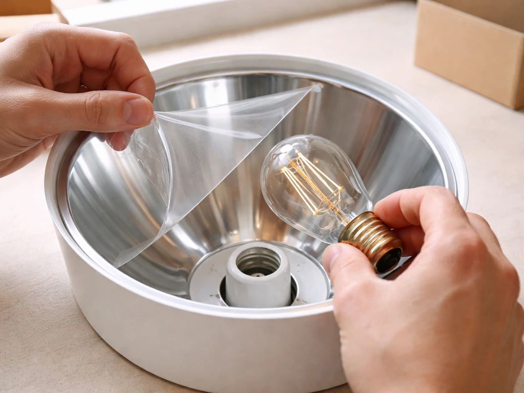 Close-up of a unboxed ceiling light fixture as protective film is peeled and a bulb is installed