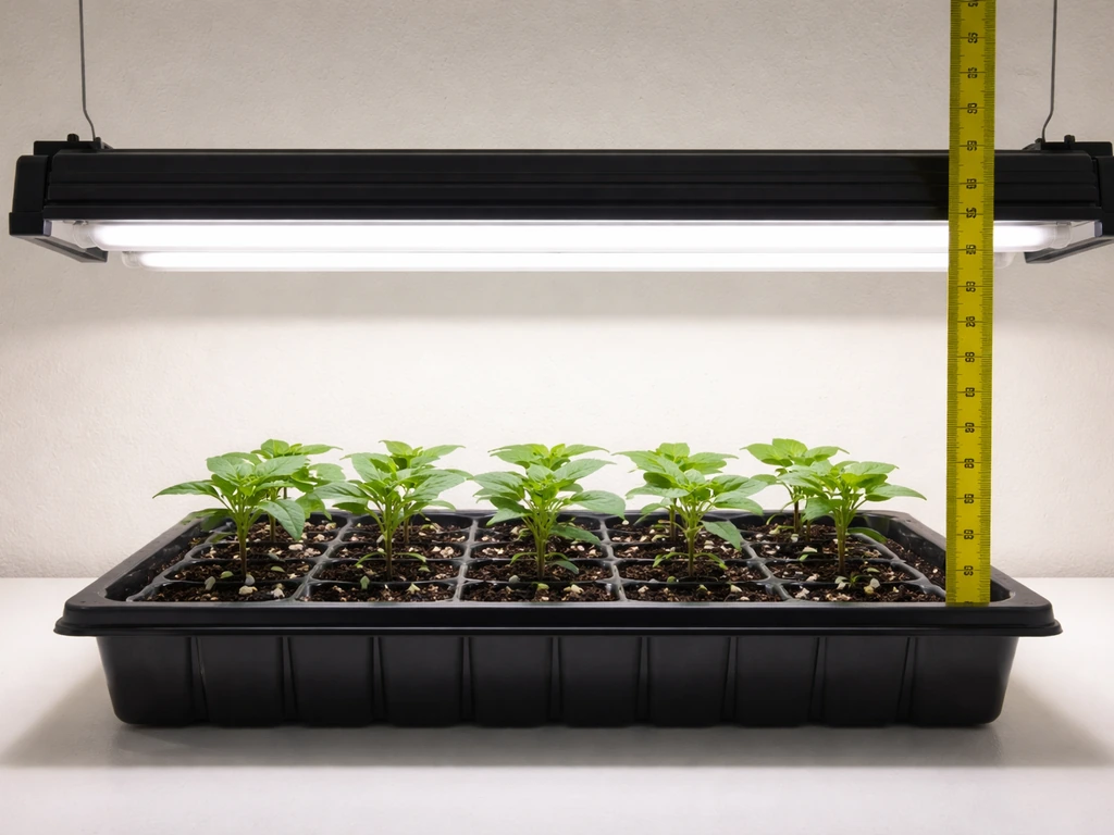 Seedlings under a mounted T5HO light with a visible measuring tape showing correct canopy distance.