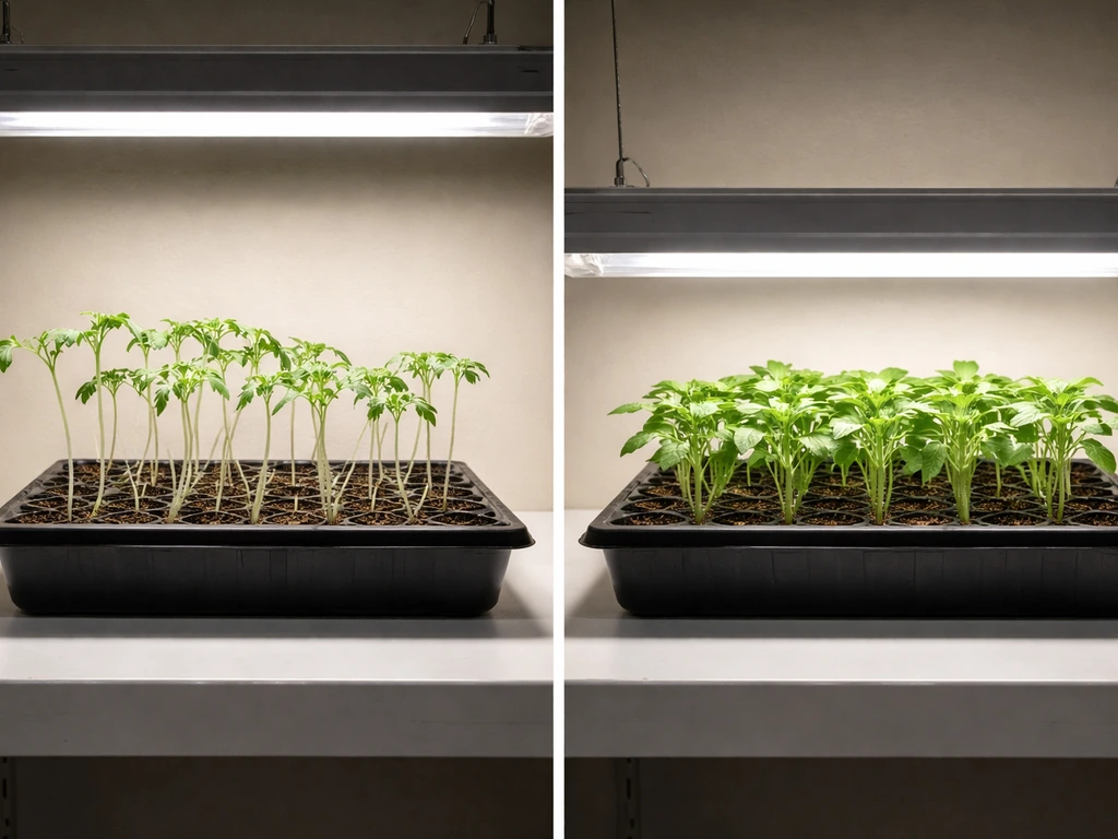 Two trays of seedlings: left leggy and stretched under a high light, right compact under corrected placement.