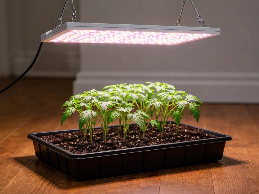 Full-spectrum LED grow light shining on tomato seedlings in a small indoor garden setup