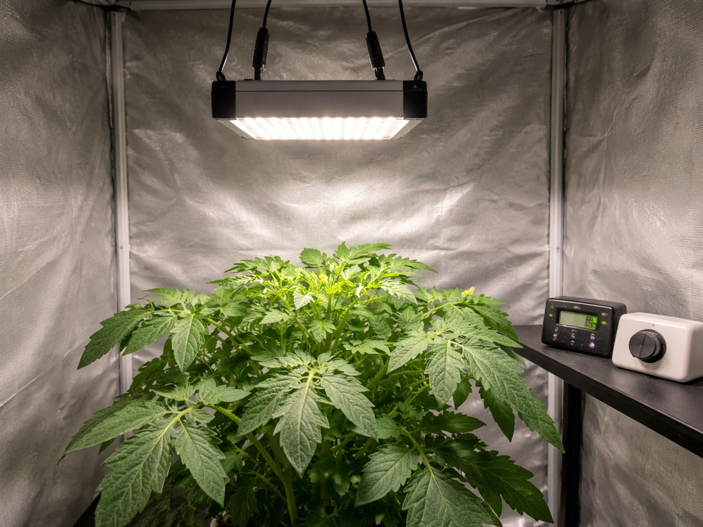 Centered LED grow light over a tomato plant canopy, with a timer and dimmer controls nearby.