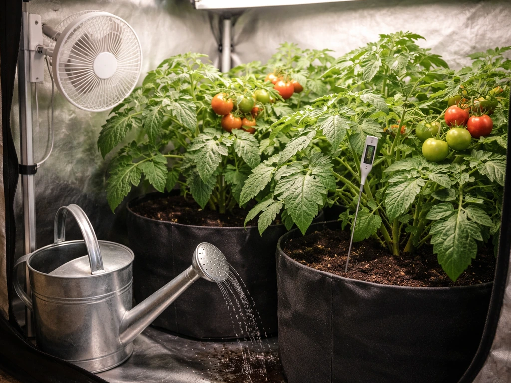 Tomato plants under grow lights with a watering can and a thermometer/airflow setup nearby