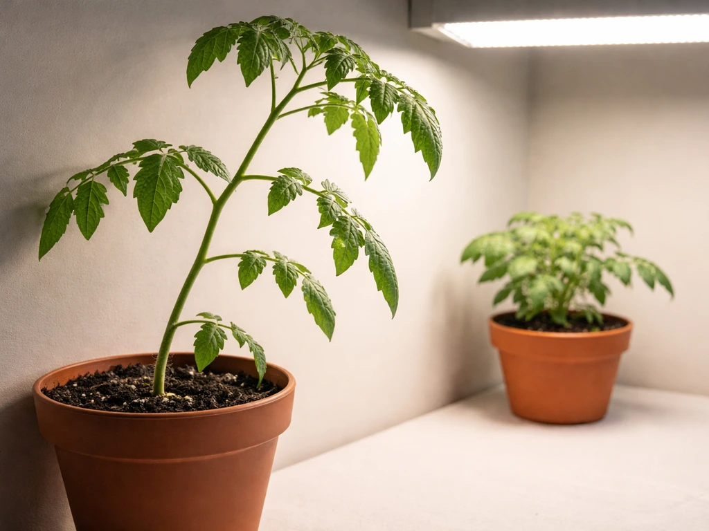 Leggy tomato stems stretching toward an indoor grow light beside a compact, well-lit tomato plant.