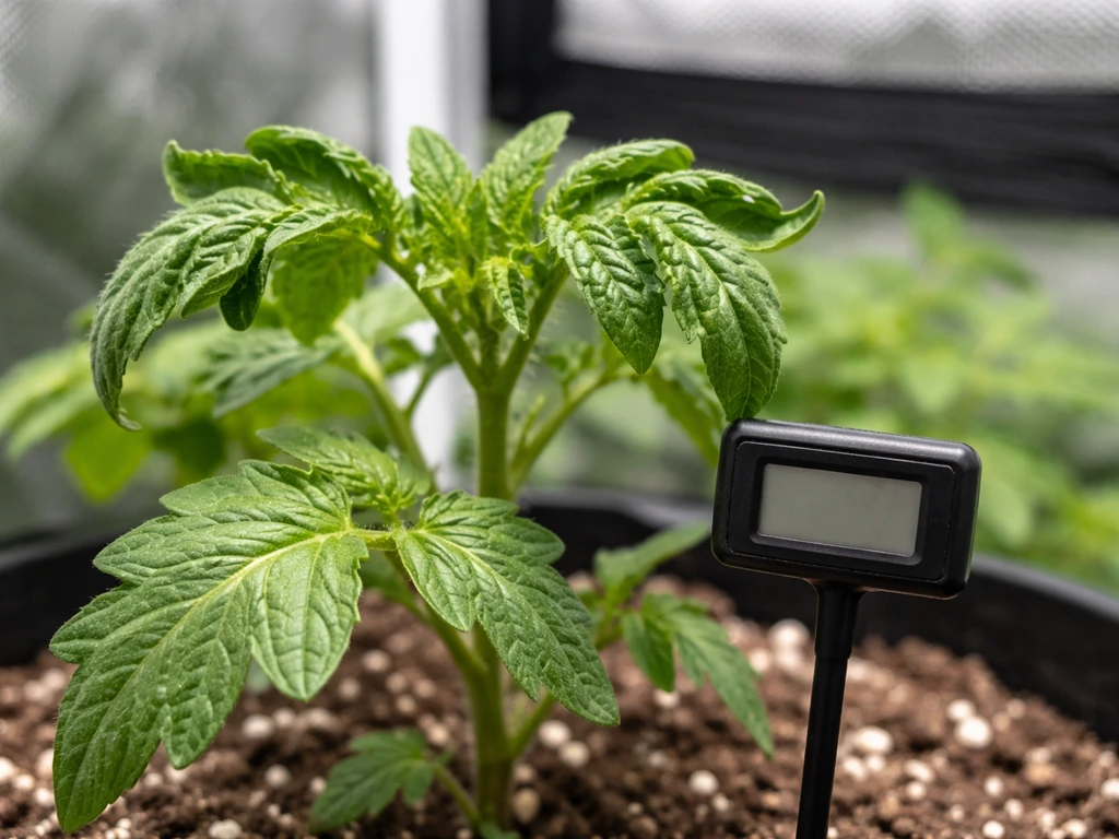 Close-up of tomato leaves with upward-cupped curl beside a canopy-level thermometer probe in a grow setup.