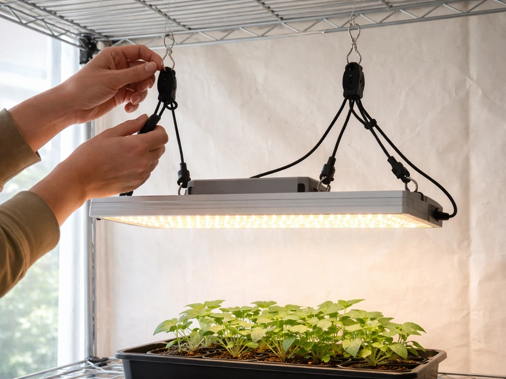 Hands adjust a suspended LED grow light using ratchet rope hangers above a small plant canopy.