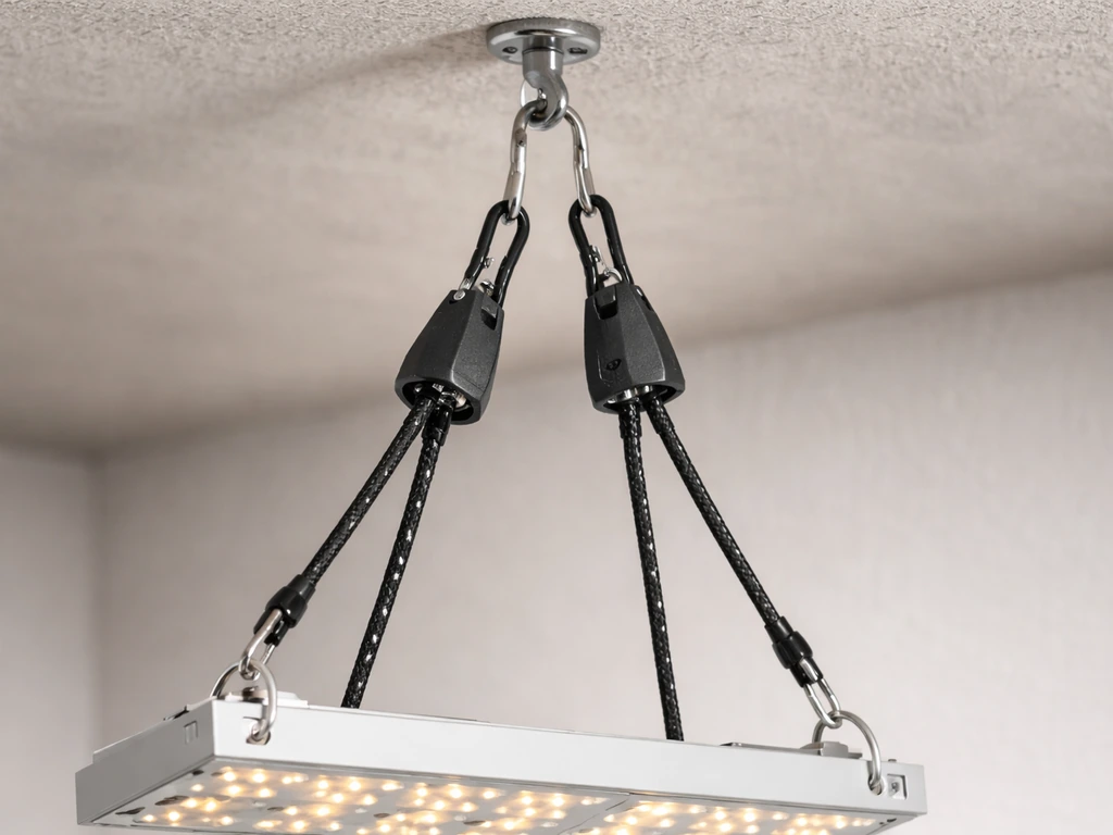 Close-up of ratchet rope hangers and a rated ceiling hook suspending an LED grow light from a ceiling