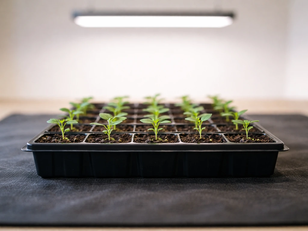 Seedlings in an indoor grow tray with an overhead LED fixture out of focus for height context.