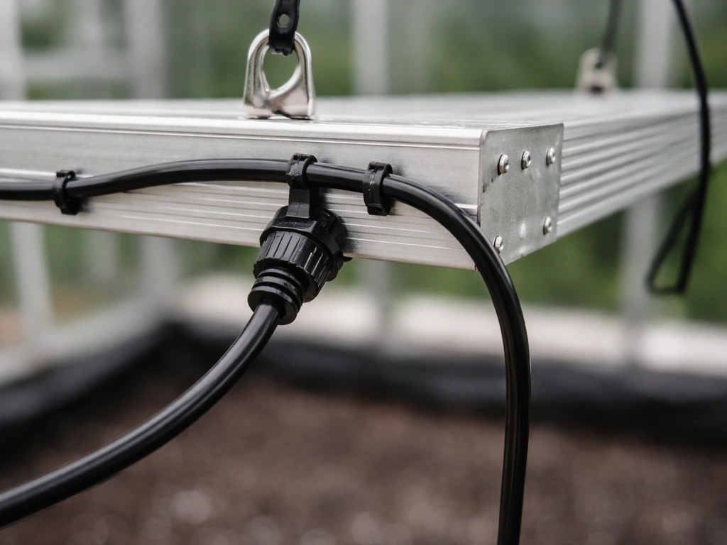 Close-up of grow light power cord strain relief and zip-tied anchoring to hanging hardware.
