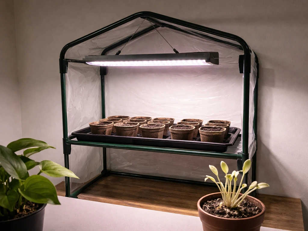 Tilted grow light over pots showing uneven brightness and pale leaves on one side.