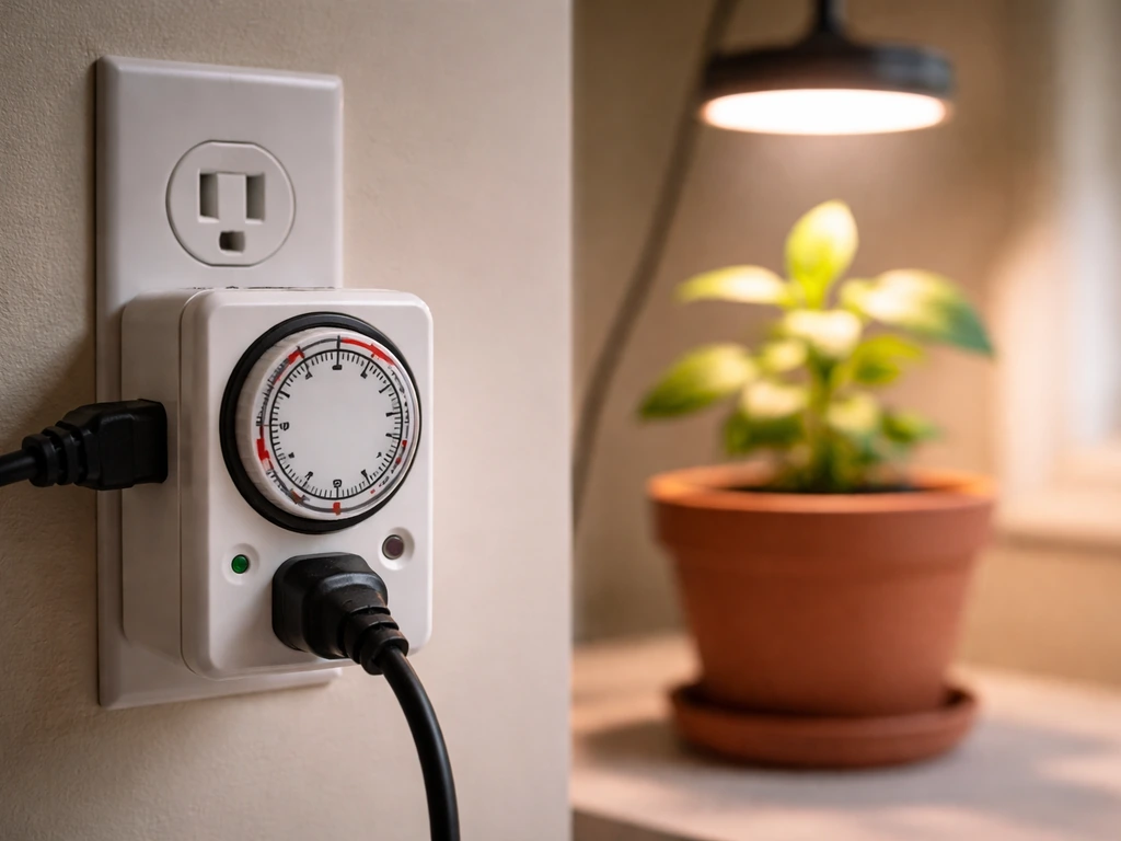 Elaine grow light timer controlling a small indoor grow light above a potted plant