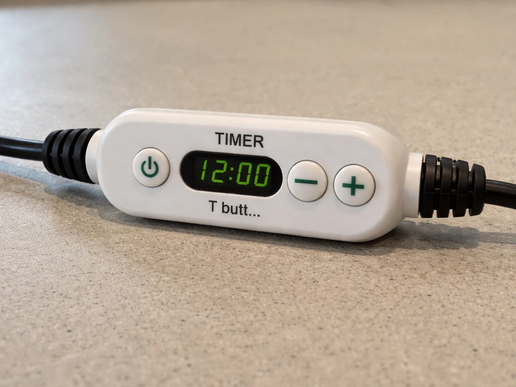 Close-up of an Elaine grow light timer showing the controller buttons and markings on a workbench.