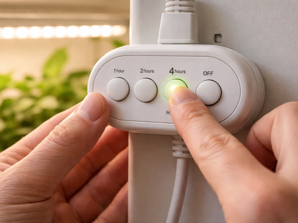 Hands adjusting an inline timer’s countdown schedule buttons next to a grow light setup