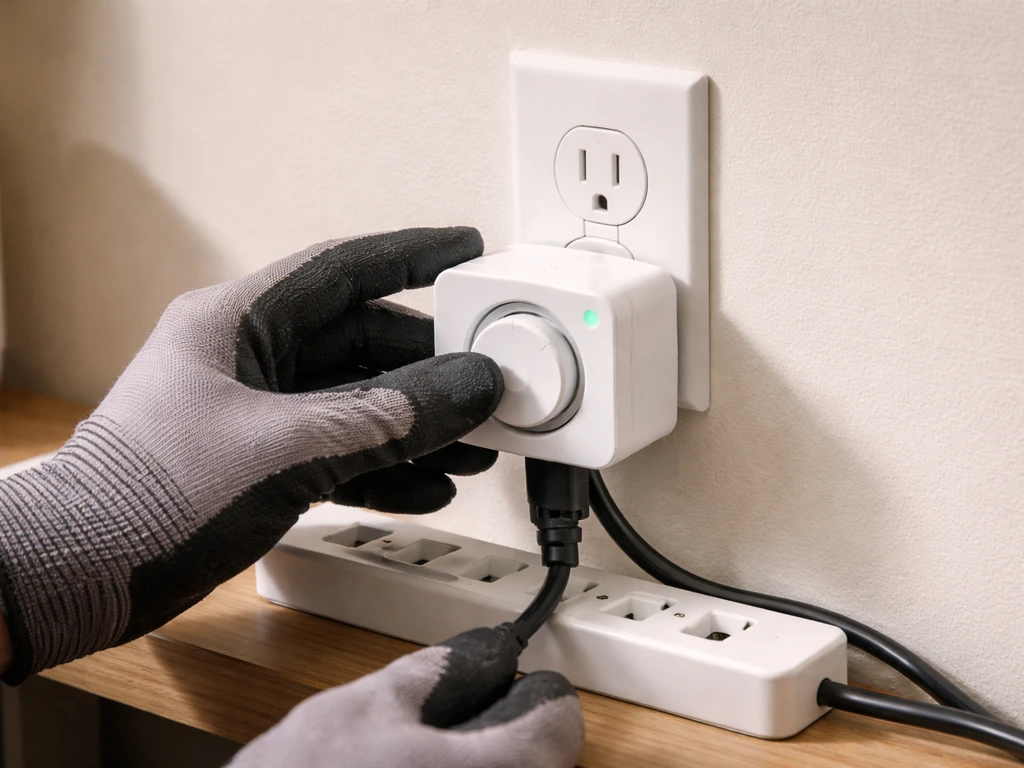 Home lighting technician checking a smart timer unit beside a wall outlet with power indicator light on