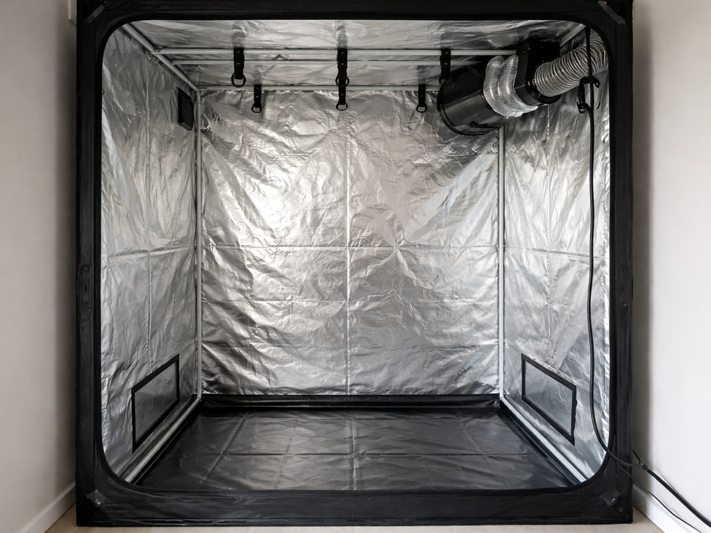 Indoor LED grow tent with reflective mylar walls and ventilation fan/ducting, empty mounting points ready