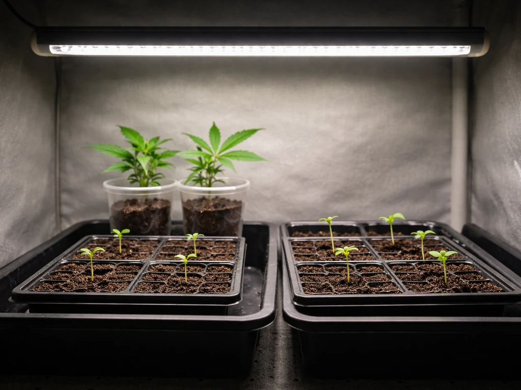 Fresh seedlings and a couple of clones under a dimmed LED grow light with gentle, even canopy lighting.