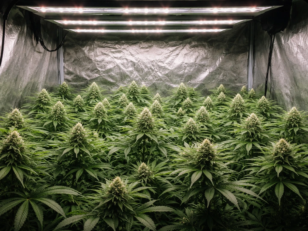 Indoor grow tent with evenly lit canopy and visible young buds under a dark 12/12 lighting cycle.
