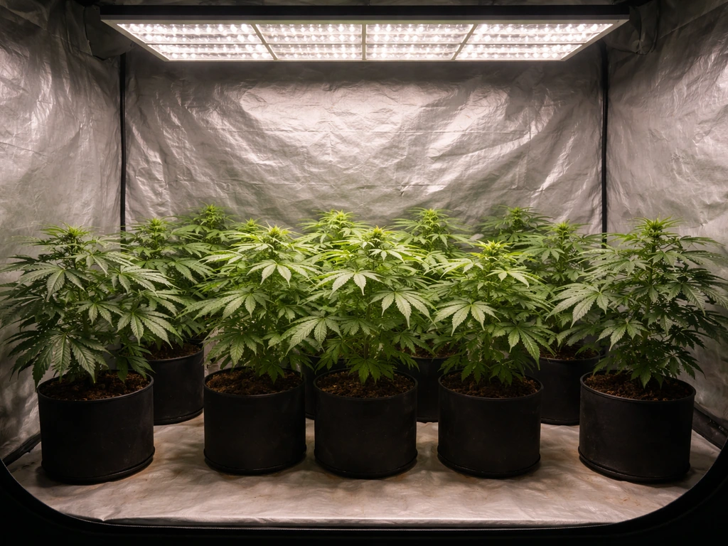Grow tent with LEDs over real plants showing stressed center leaves and underlit edge growth