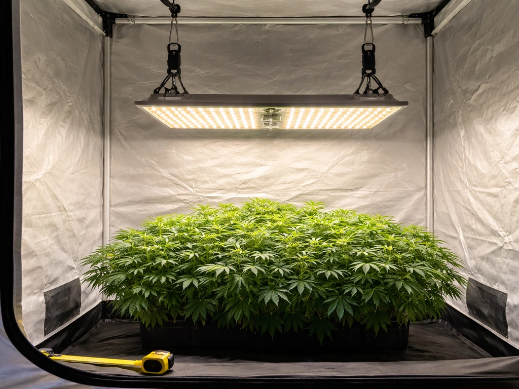 Indoor grow tent with a grow lamp mounted above plants, showing hanging straps and a tape measure for setup.