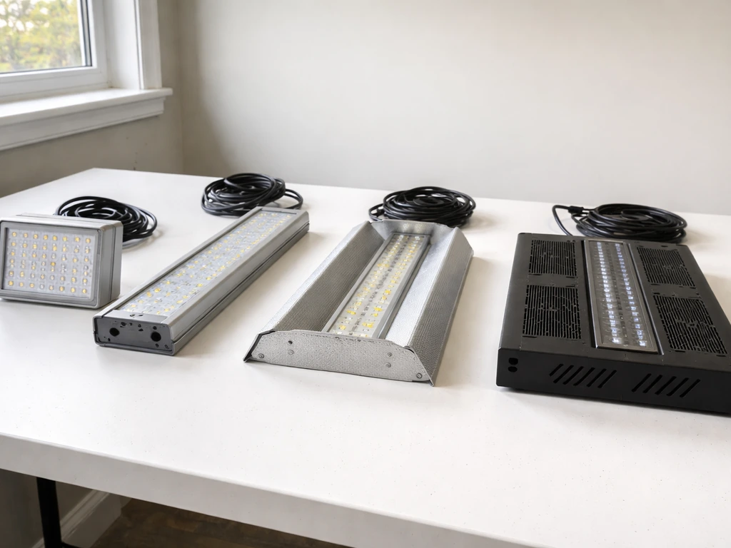Side-by-side LED grow light fixtures on a workbench showing different shapes and reflector styles.