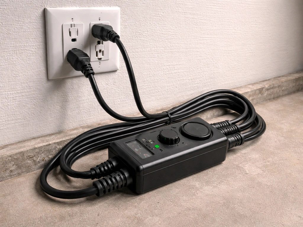 Close-up of a neatly routed grow-lamp timer and controller with grounded plug and GFCI for safe wiring.