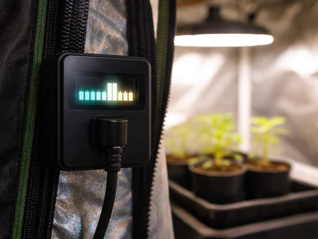 Grow tent timer screen showing a photoperiod schedule, with small seedlings softly blurred in the background.