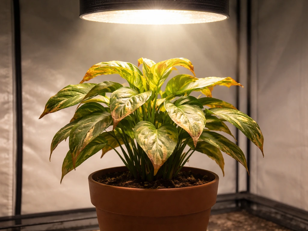 Potted plant leaves showing wilting and browning under the center of a raised grow light fixture