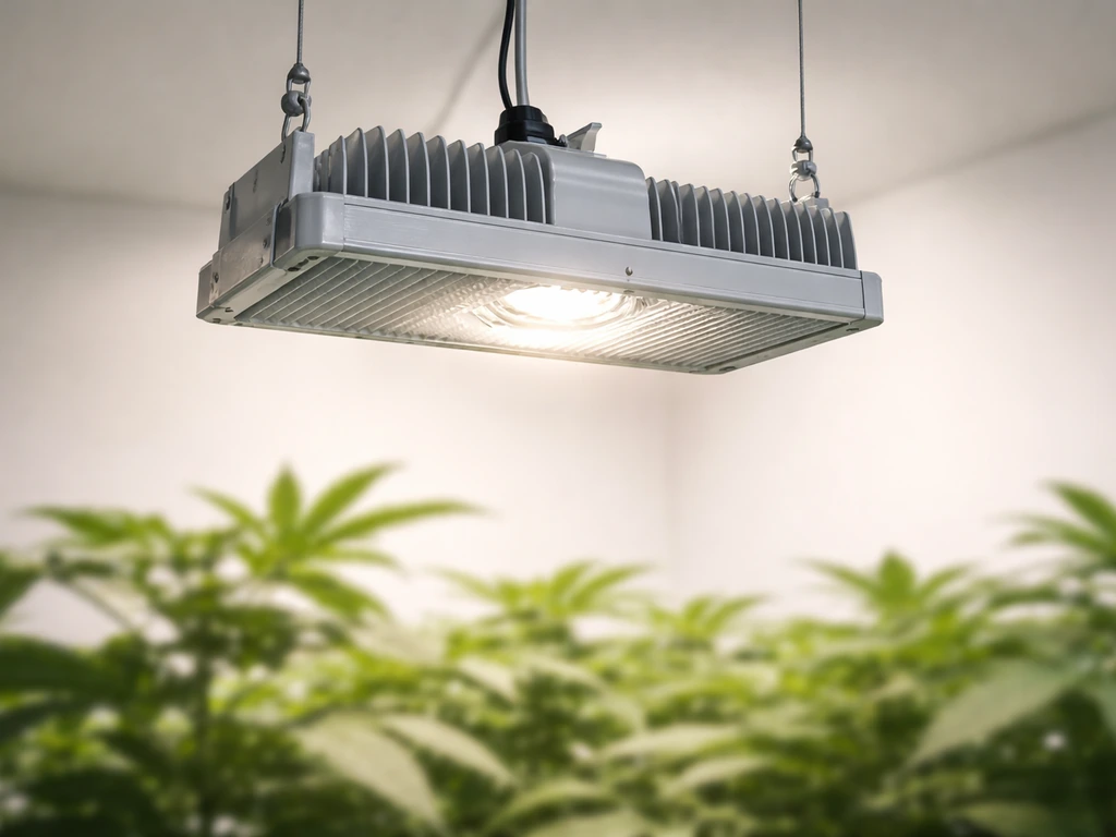 Clean LED grow light fixture hanging above a healthy green canopy in a minimal indoor grow space.