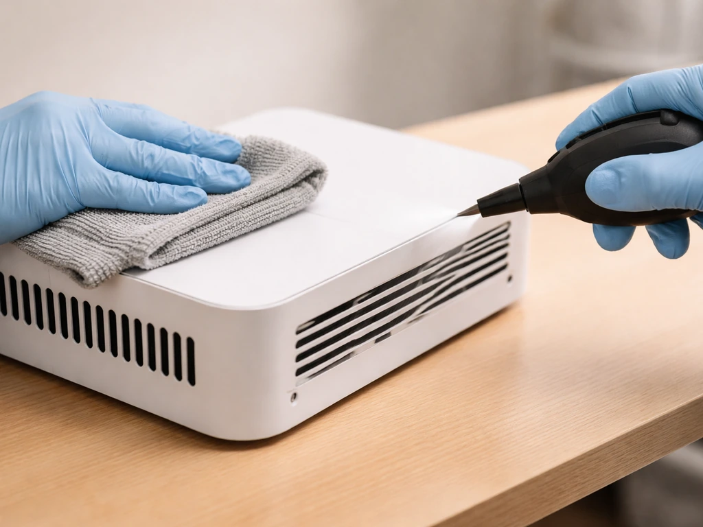 Gloved hands wiping a quantum board and aiming compressed air at vented bar light housing