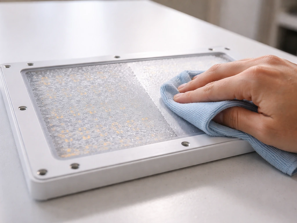 Close-up of a hand wiping a grow-light diffuser lens with distilled water, showing clear vs hazy areas.