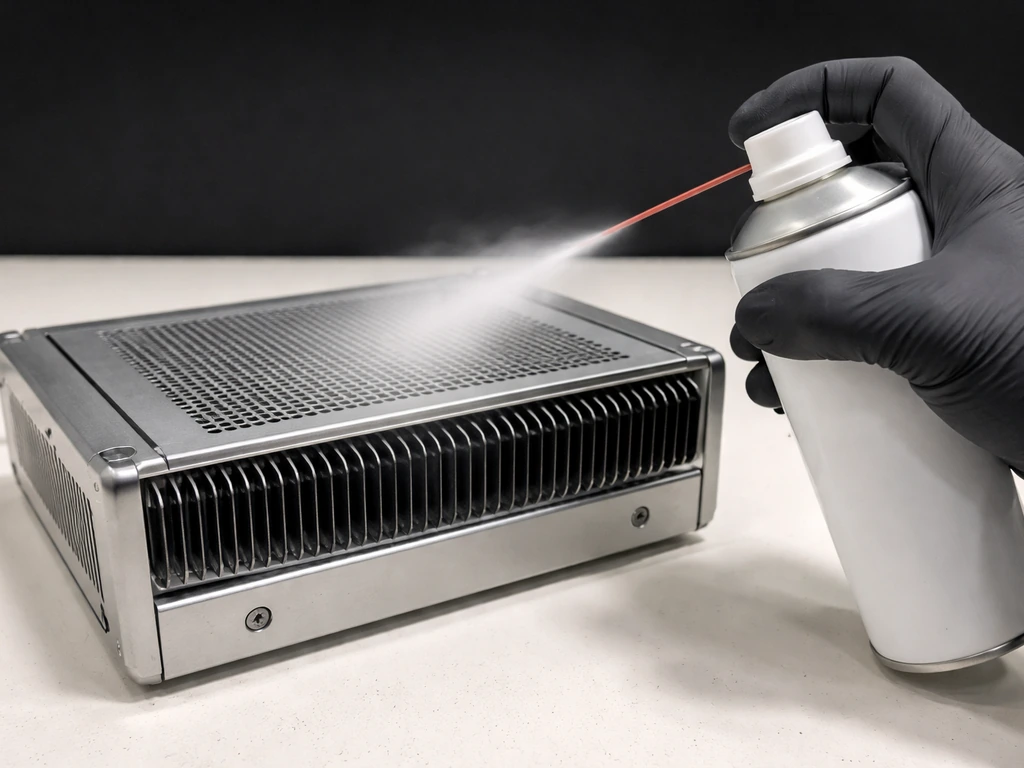 Upright compressed air can cleaning a grow light’s intake/exhaust grilles and heat sink fins