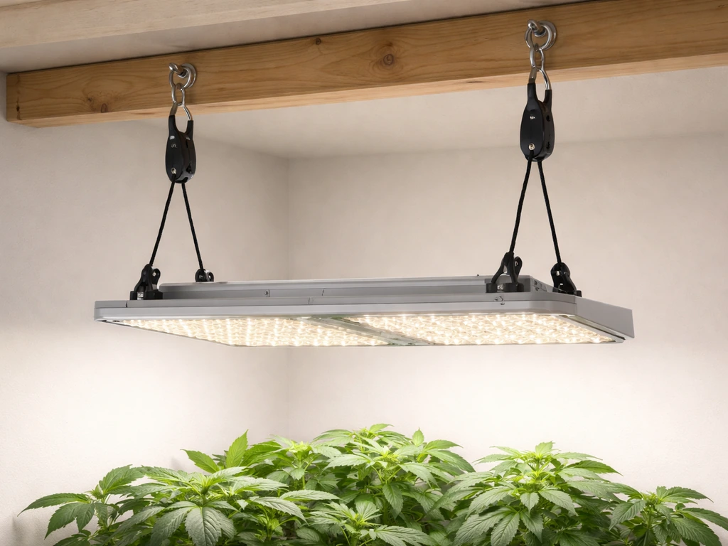 Overhead view of a suspended LED grow light with ratchet hangers and level hardware, plants below.