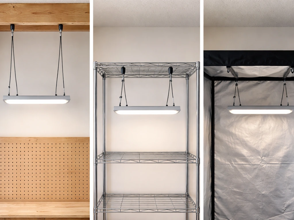 Three side-by-side mounts showing a grow light hanging from ceiling, rack, and tent crossbar.