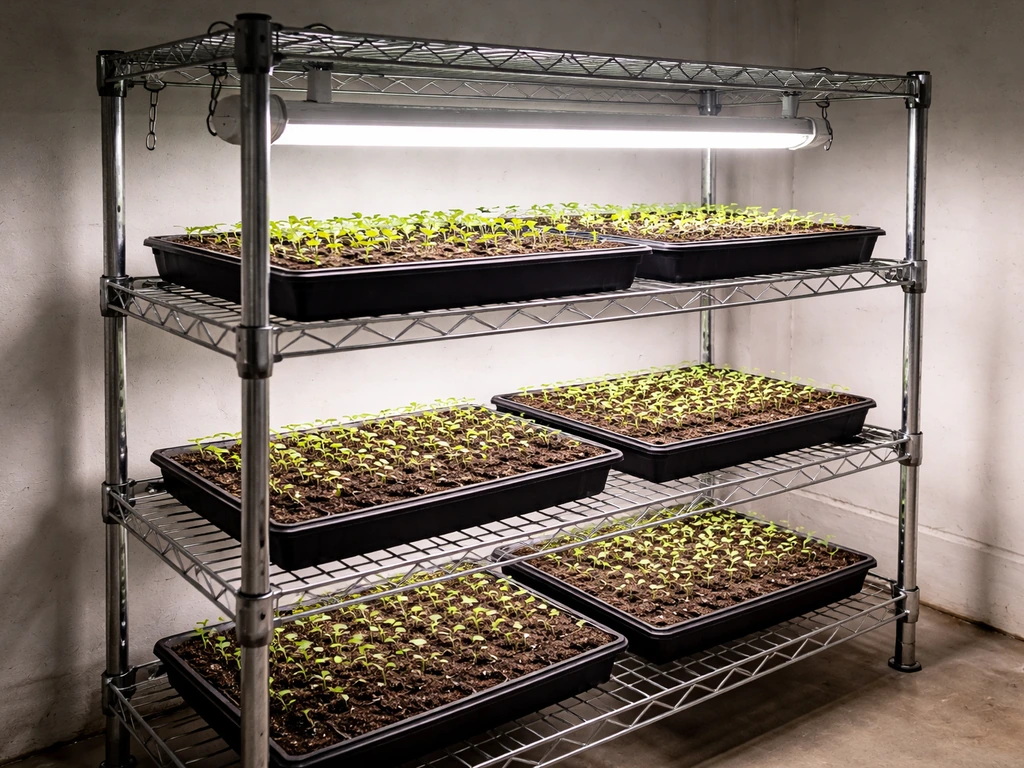Freestanding metal grow rack with wire shelves and seedling trays under a hanging light.