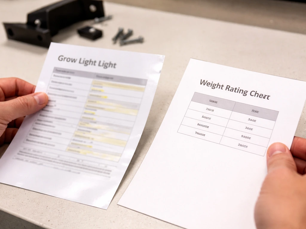 Close-up of a grow light manual page and a hardware weight-rating chart on a workbench.