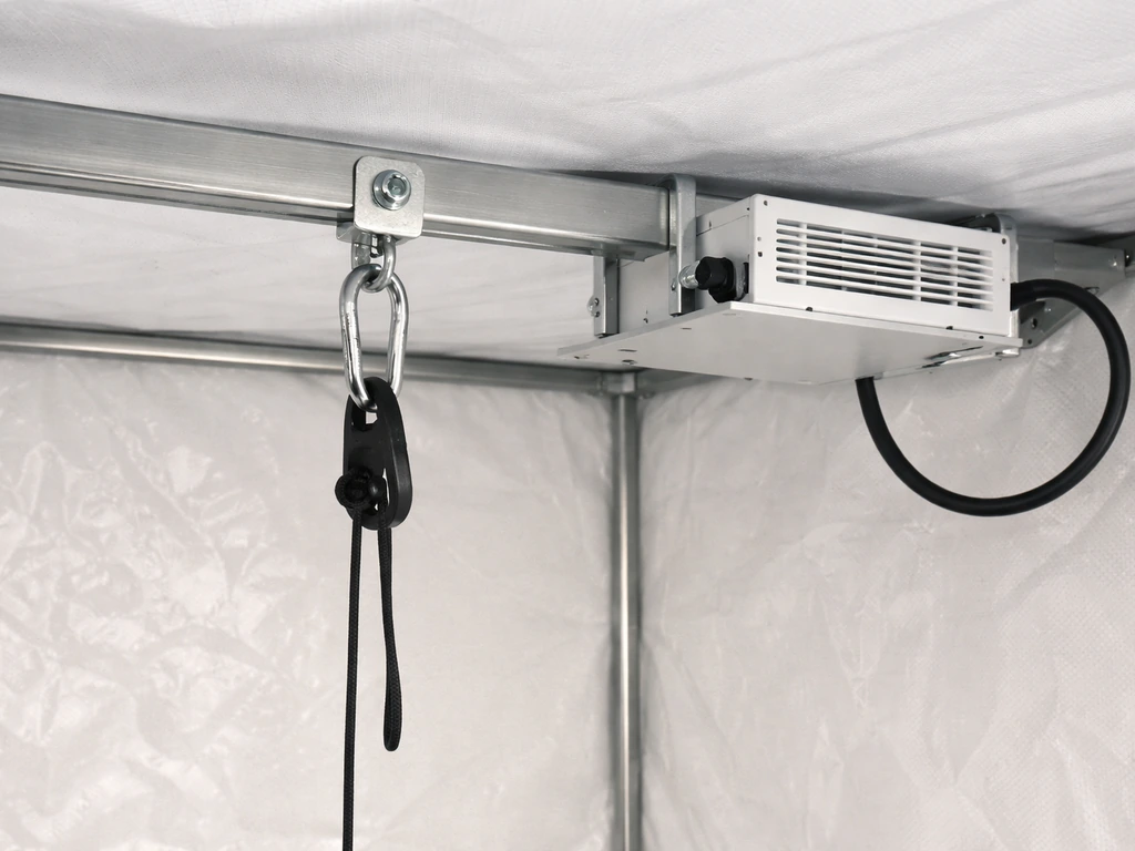 Ceiling mounting hardware with safe clearance for a grow light driver and neatly routed power cord.