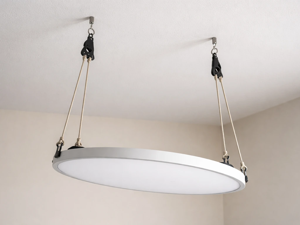 Ceiling light hanging from rope ratchet hangers, slightly sagging and tilted as the ropes stretch.