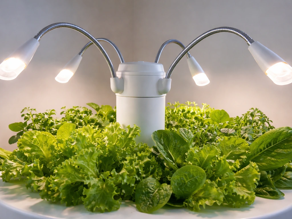 Tower Garden LED grow lights mounted on top, four lamp fixtures over indoor lettuce and herbs.