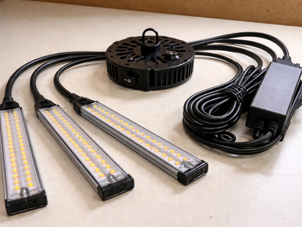 Close-up of GT100 LED grow light kit parts laid out on a clean table for inspection