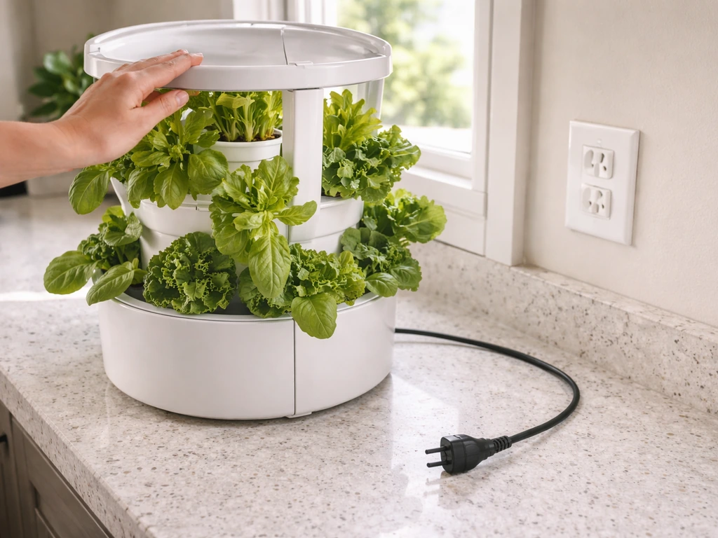Hand unplugging a power cord from an outlet while a Tower Garden top reservoir lid is being gently adjusted.