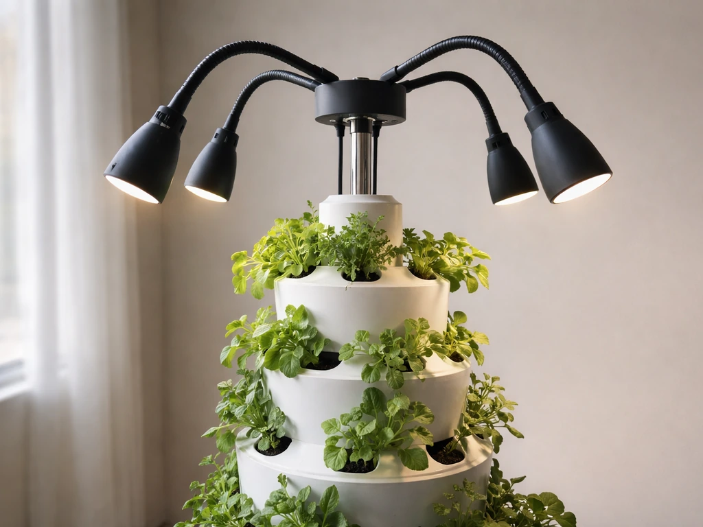 Four flexible grow lamp arms positioned inward toward a tower center for even plant lighting