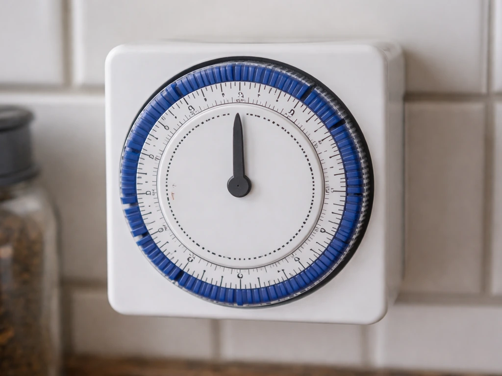 Close-up of a 24-hour mechanical timer dial set so the current time aligns with the pointer.