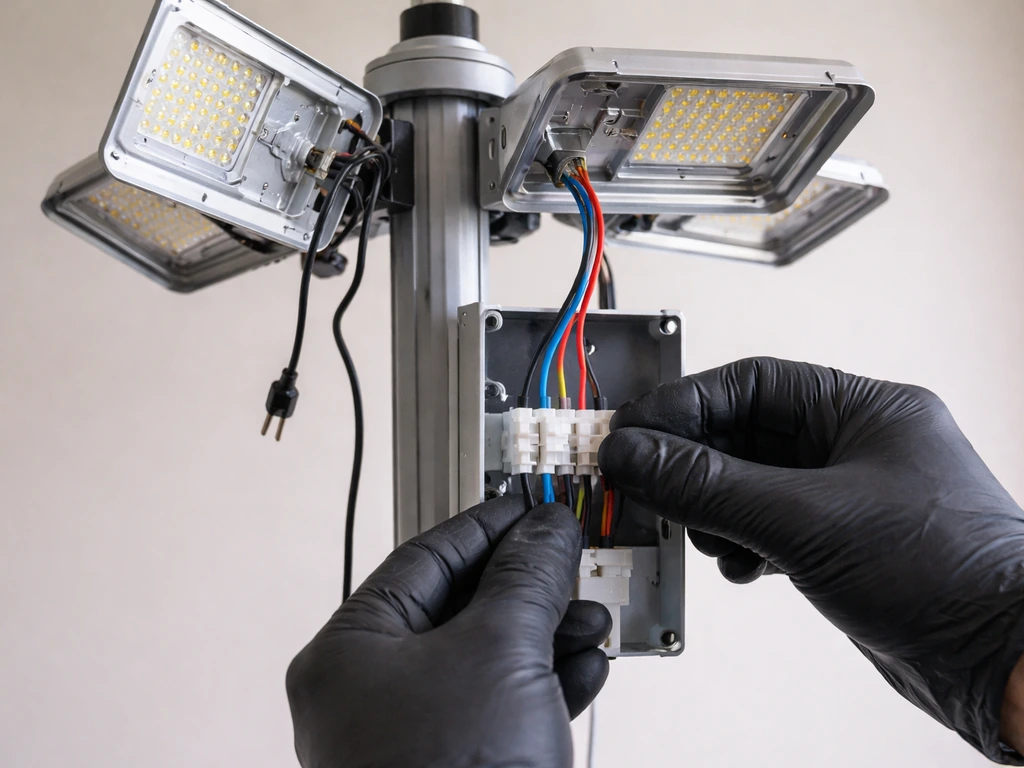 Gloved hands reseat an unplugged grow-light wire terminal connection on a light fixture.