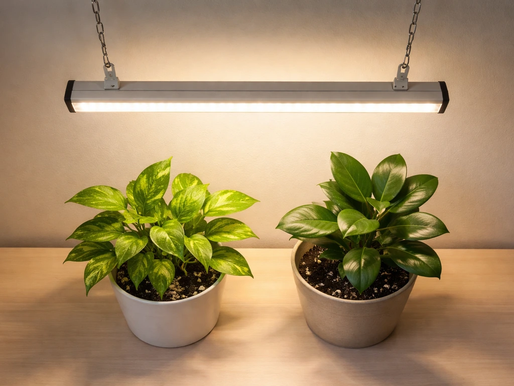 Top-down view of a Great Value LED grow light bar turned on above indoor plants with mounting hardware visible.