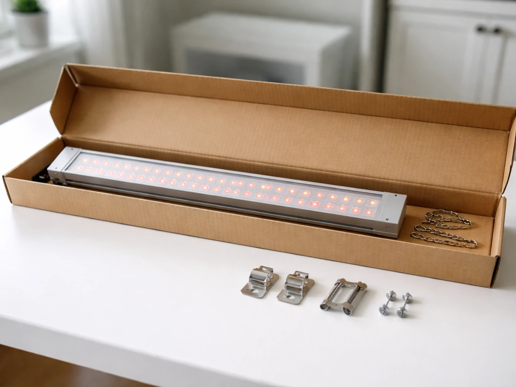 Great Value grow light bar unboxed with chain links and mounting clips laid neatly on a table.